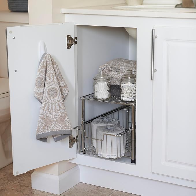Household Essentials Free Standing Single Basket Sliding Cabinet Organizer with Metal Frame, Silver Finish