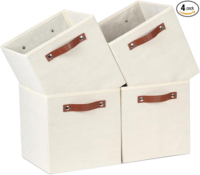 Temary 11x11 Storage Cubes Fabric Cube Storage Bins with Handles Clothes Storage Boxes Baskets for Organizing Home, Shelf, Closet (Beige, 11 x 11 x 11)