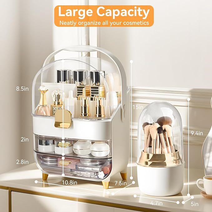 Makeup Organizer for Vanity with Brush Holder, Lid and 2 Drawers, Rose Gold | Large Capacity Bathroom Counter Organizer for Skincare, Cosmetic Storage, Dustproof, Waterproof, Teen Girl Gifts