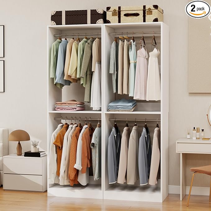 Closet System 4FT-10.5FT, 6 Rods, 81" Tall, Modular | 2 Sets Wooden Closet Organizer System with 6 Expandable Rods, Double-Hang Design & Anti-Tip Baseboard Notch