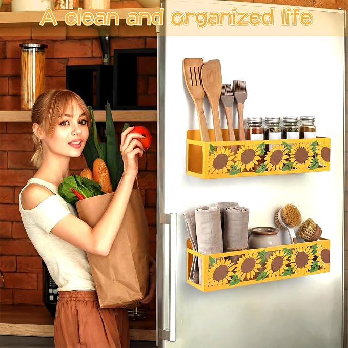 Beeveer 2 Pack Magnetic Spice Rack for Refrigerator Metal Magnet Basket Shelf for Fridge Seasoning Storage Organizers Home Decor Kitchen Accessories (Sunflower)