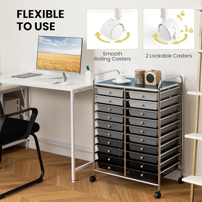 DREAMADE Rolling Cart with Storage Drawers, Utility Cart with Removable Plastic Drawers, Lockable Wheels, Art Cart for Classroom Organization Art Supplies Office Scrapbook (20 Drawers, Mixed-black)