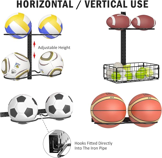 8 Tier Detachable Wall Mounted Basketball Rack, Vertical/Horizontal Football Holder, Holds 14 Balls DIY 1/2/3/4 Soccer Stand, Height-Adjustable Ball Rack with Basket for Garage, Tool Room, Metal-Black