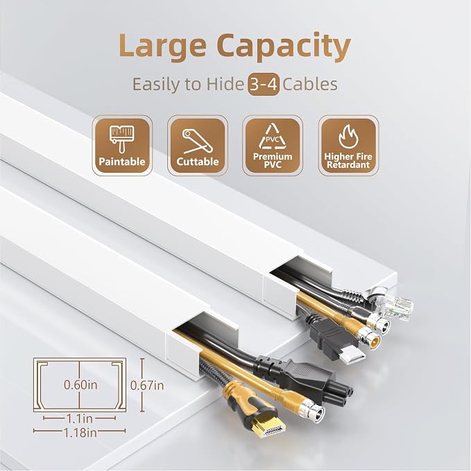 Delamu TV Cord Hider Wall, 472in Cable Hider, Large Cord Covers for 3-4 Wires on Wall, Paintable Cable Raceway to Hide Wires on Wall with 30 Raceways & 37 Accessories, 1.18in W x 0.67in H, White