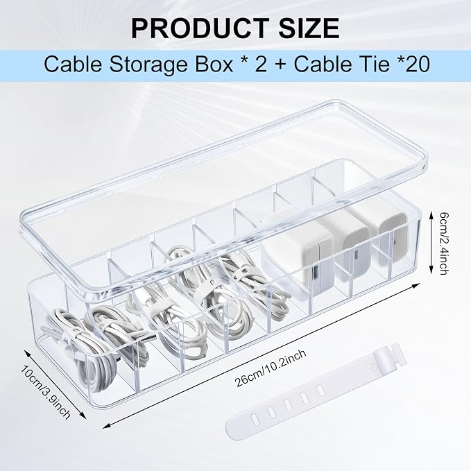 Tatuo 2 Pcs Cord Organizer for Drawer Desktop, Cable Organizer Box with 8 Compartments and Wire Ties, Plastic Charger Storage with Lid, Electronics Case for Home Office Accessories (Small,Clear)