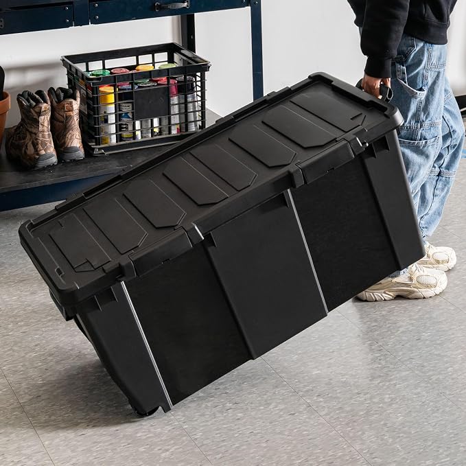 IRIS USA 32 Gallon Rolling Storage Bin with Lid, Heavy Duty, 2 Pack | Built-in wheels and lockable latches make transporting tools, camping gear, truck equipment, and garage storage effortless.