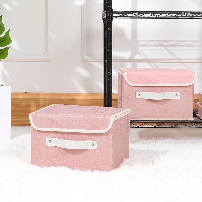 ANMINY Fabric Storage Bin with Lid Rose Print Storage Box Basket with PU Leather Handles Washable PP Plastic Board Decorative Foldable Lidded Shelf Closet Organizer Container - Pink, Medium