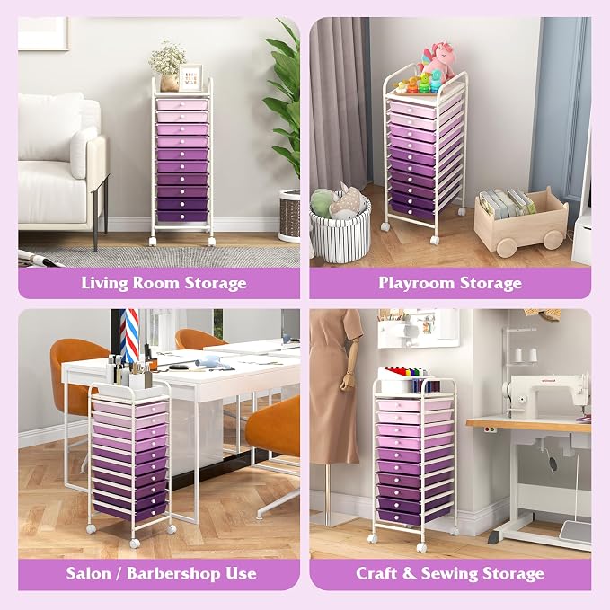 COSTWAY 10-Drawer Rolling Storage Cart, Utility Mobile Trolley | Removable Drawers & Universal Casters & 2 Brakes, Versatile Flexible Drawer Organizer Cart for Home, Office (Purple Gradient)