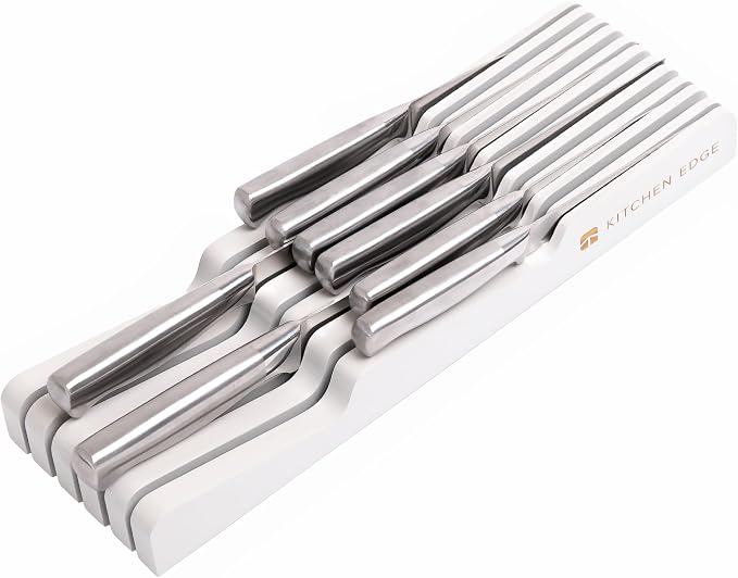 KitchenEdge In-Drawer Knife Block Holder, 11 Slots, White | Fits most knife sizes, rubber feet, food-safe finish