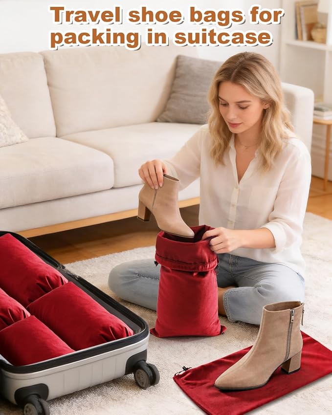 4 Pcs Single Shoe Bags for Travel, Dust Velvet Bag, Rio Red, 17.3x8.6 Inch | Washable & Reusable Travel Shoe Bags, Dustproof Shoe Bags with Drawstring Closure, Suitable for Travel, Home Storage