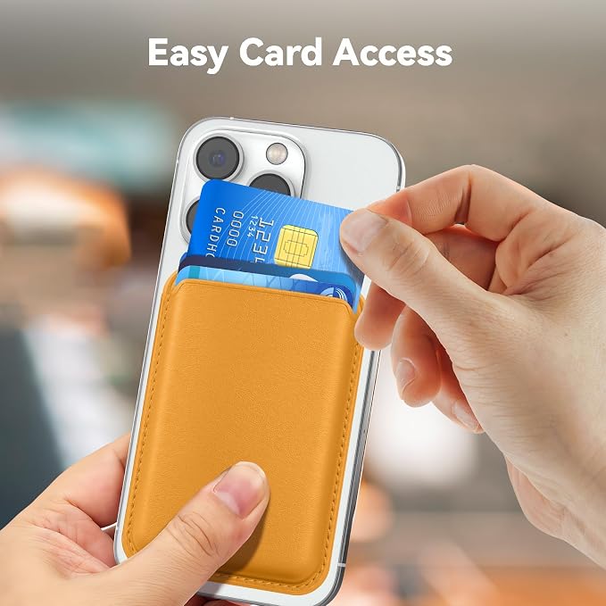 Magnetic Wallet Cell Phone Card Holder for Phone Case with Mag-Safe, Stronger Magnetic RFID Leather Phone Wallet Stick on Series of iPhone 17/16/15/14/13/12 and Pro/Promax, Yellow