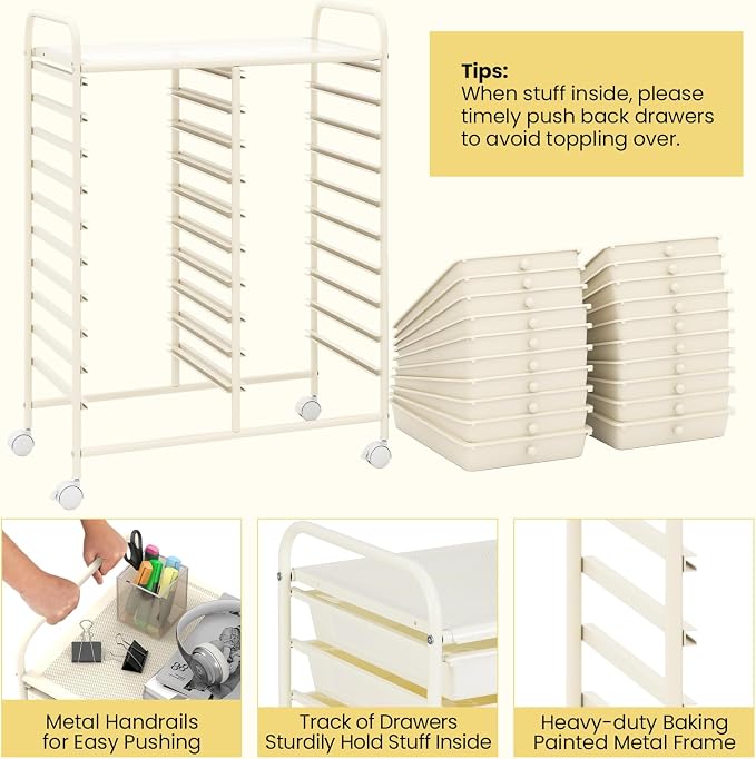 LDAILY 20-Drawer Rolling Storage Cart, Rolling Storage Cart, Storage Organizer on Wheels, Metal Frame, Scrapbook Paper Tools, Suitable for Office School, Classroom (White, 20 Drawer)
