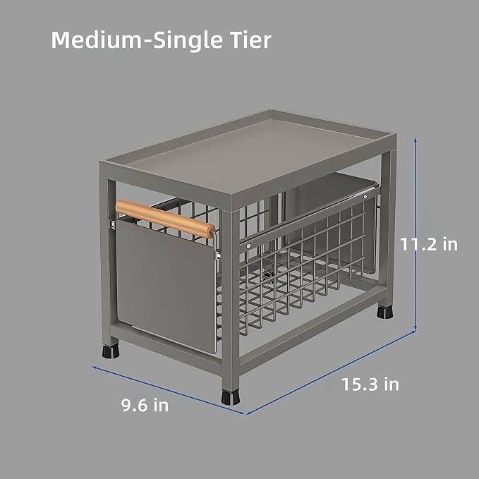 Pull Out Cabinet Organizer, Pull Out Basket Drawers for Cabinets, Slide Out Basket Drawers for Kitchen Cabinets, Under Sink Organizer for Kitchen, Bathroom (Grey Medium Single-tier)