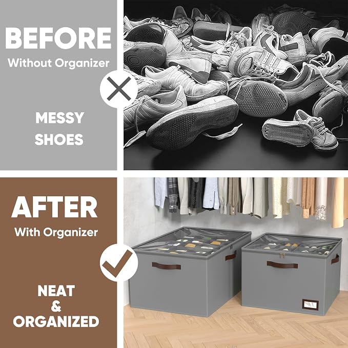 OIAHOMY 2 Pack Shoe Organizer for Closet, Large Foldable Shoe Storage Bins with Dividers and Reinforced Handles, Each Clear Cover Sneaker Box Fits Up to 16 Pairs for Entryway and Bedroom, Grey