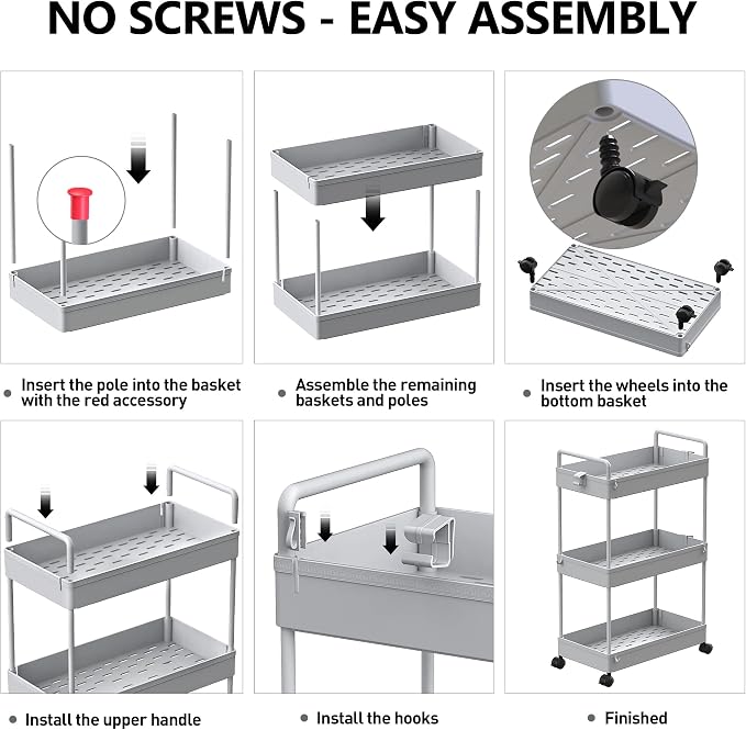 SOLEJAZZ 3 Tier Slim Rolling Storage Cart Organizer with Wheels, Gray | Utility cart for bathroom, laundry, bedside, dorm&narrow spaces. Fits craft, nail, makeup, snack, art, diaper&baby essentials