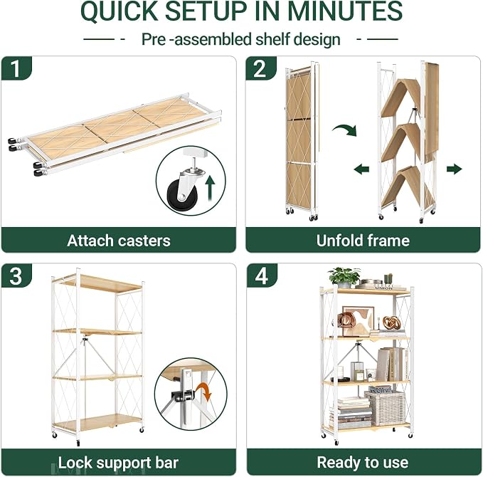 black leopard 4-Tier Foldable Shelf with Wheels, Wood-Grain Steel Shelves | Pre-assembled frame unfolds in seconds with tool-free wheel setup for fast, convenient use.