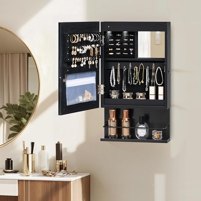 HOOBRO Wall Mounted Jewelry Cabinet, LED Jewelry Armoire with Interior Mirror, Hanging Jewelry Organizer for Wall, Lockable Jewelry Storage Cabinet, 3.9 x 11.8 x 20.9 Inches, Black