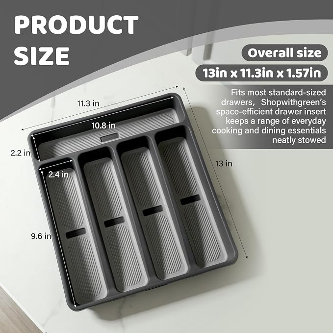 shopwithgreen Silverware Organizer with Cutlery Icons，Silverware Tray for Kitchen Drawer，Plastic Flatware Drawer Organizer Utensil Organizer with Non-slip TPR Linings，5-Compartment Silverware Caddy