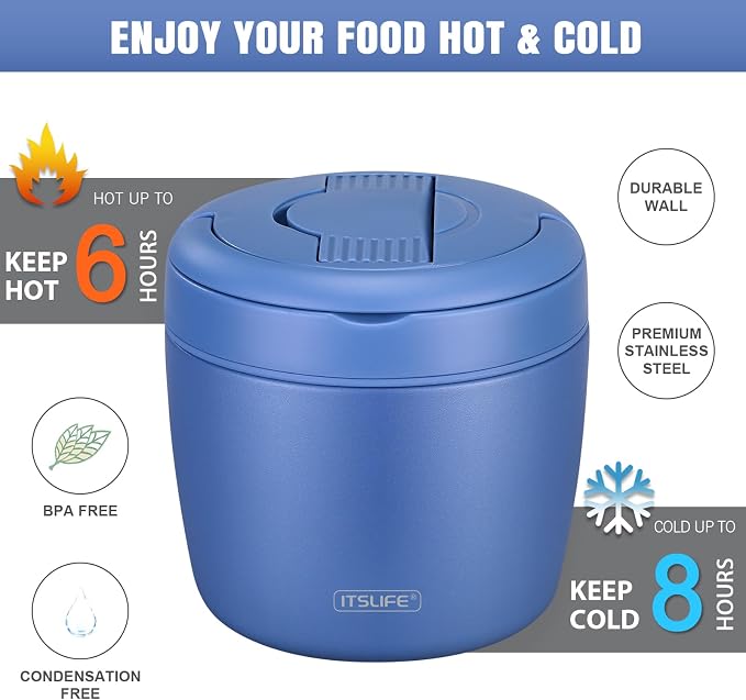 Itslife 32oz Insulated Soup Thermo, Vacuum Stainless Steel Food Jar for Hot & Cold Food, Leakproof Wide Mouth Lunch Container with Spoon (Blue)