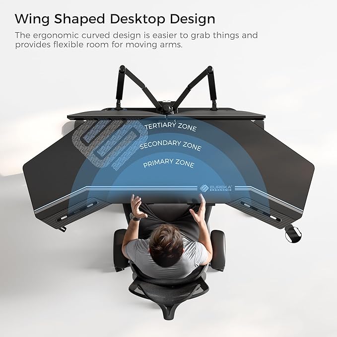 EUREKA ERGONOMIC Gaming Standing Desk w Dual Motor,72" Wing Shaped Music Studio Desk Electric Adjustable Height Table Recording Live Stream, Slot Design,Black