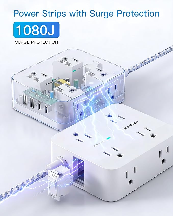 PD 30W USB C Power Strip Surge Protecor, HANYCONY 8 Outlets 4 USB(2 USB C Ports), 1080J Desk Charging Station for Multiple Devices, 15 Ft Flat Plug Extension Cord for College Dorm Room Essentials