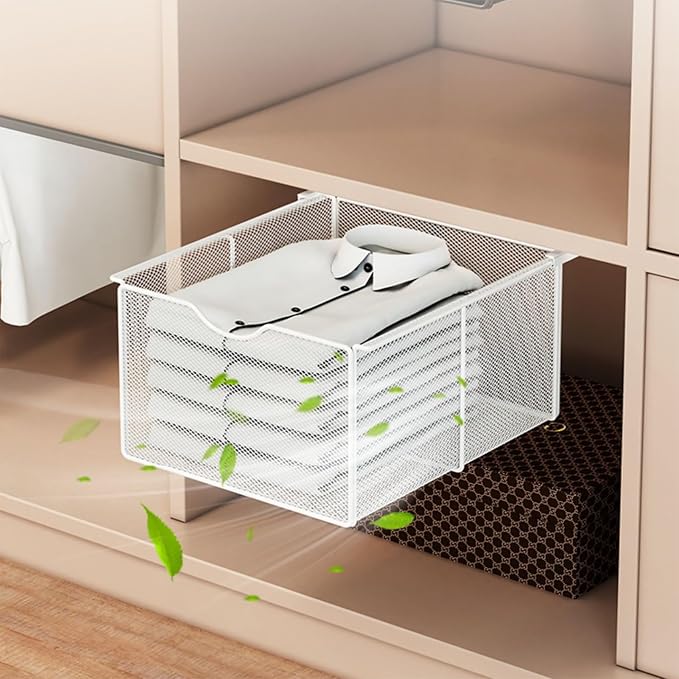 Pull Out Cabinet Storage Basket,Wardrobe Storage Organiser,Storage Under Shelf,No Punching Required,with 4 Hooks,for Kitchen Office Wardrobes Cupboard Storage(Black,37x22x10cm)