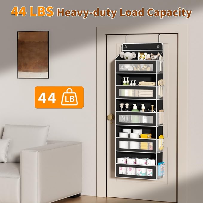 5-Tier Over The Door Organizer with 5 Large Pockets, Over the Door Storage 10 Side Pockets 44 lb Load Behind Door Storage, Door Organizer Hanging Shelf for Closet Bedroom Bathroom Nursery, Black