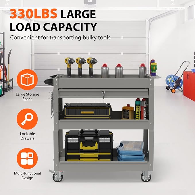 3 Tier Heavy Duty Rolling Tool Cart with Drawers, Large Storage Utility Cart on Wheels for Garage, Warehouse, Repair Shop (Gray)