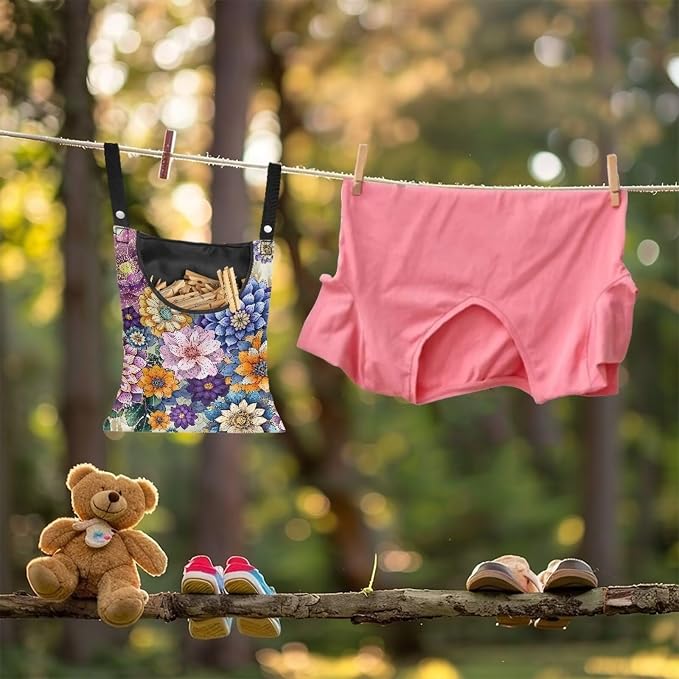 Mandara Boho Clothespin Bag Flowers Clothespin Bag for Clothesline Outdoor Clothespin Storage with Hanger Hook Clothespin Bags Hanging Outdoor Waterproof Clothespin Storage