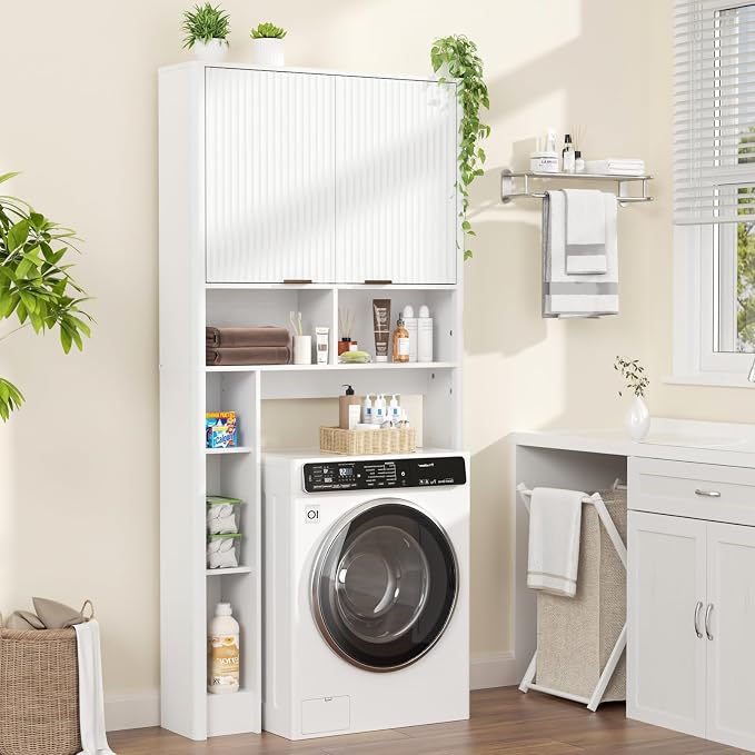 AKMAKM 31" W Over the Toilet Storage Cabinet with Fluted Door, White Bathroom Organizer with Adjustable Shelf, 67''H Tall Toilet Paper Holder Stand Wave Door for Restroom, Laundry Room