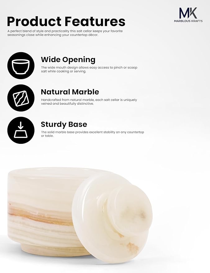 MARBLOUS KRAFTS Marble Salt Cellar 3 Inch White Onyx Salt Holder With Lid for Spice Jar & Stone Salt Container, Modern Sugar Bowl