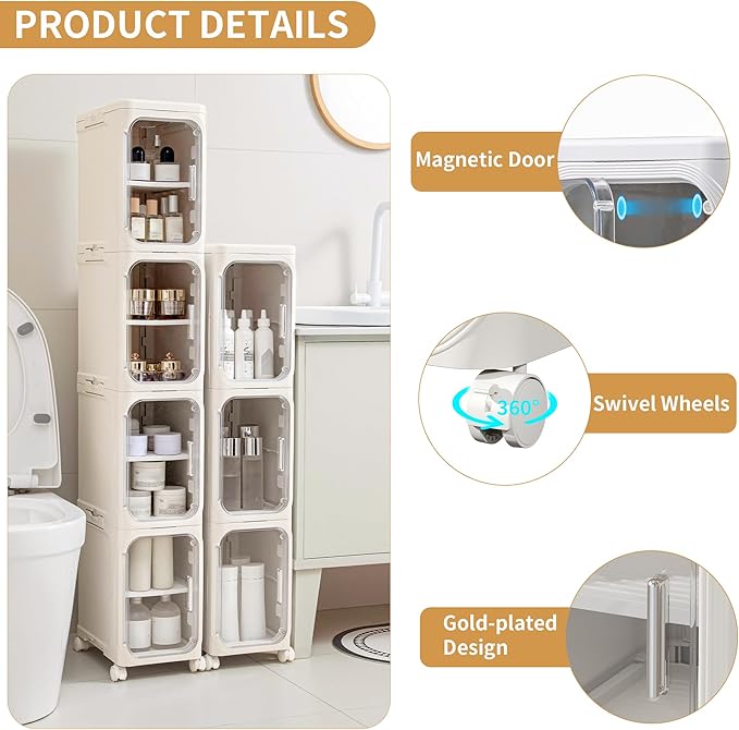 2-Tier Slim Narrow Bathroom Storage Cabinet, Cream White | Tool Free Assembly, Adjustable Shelves, Fits for Narrow Spaces, Reinforced Stability, Magnetic Clear Door