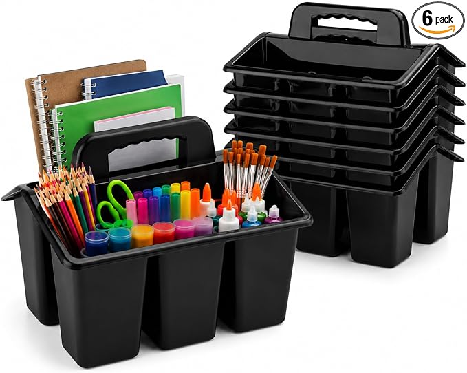 Classroom Caddy with Safe Handle, 6 Pack Plastic Organizer with 4 Compartments, Teacher & Kids Supply Caddy for Crayons, Markers, Desk, Cleaning & Bathroom Storage (Black)