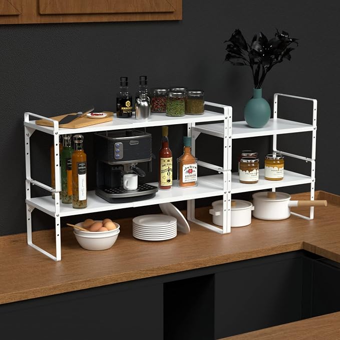 Expandable Cabinet Shelf Organizer, Stackable Kitchen Pantry Counter Storage, Adjustable Closet Cupboard Stand Rack Risers Spice Organization 80LBS Heavy Duty White 2 Pack