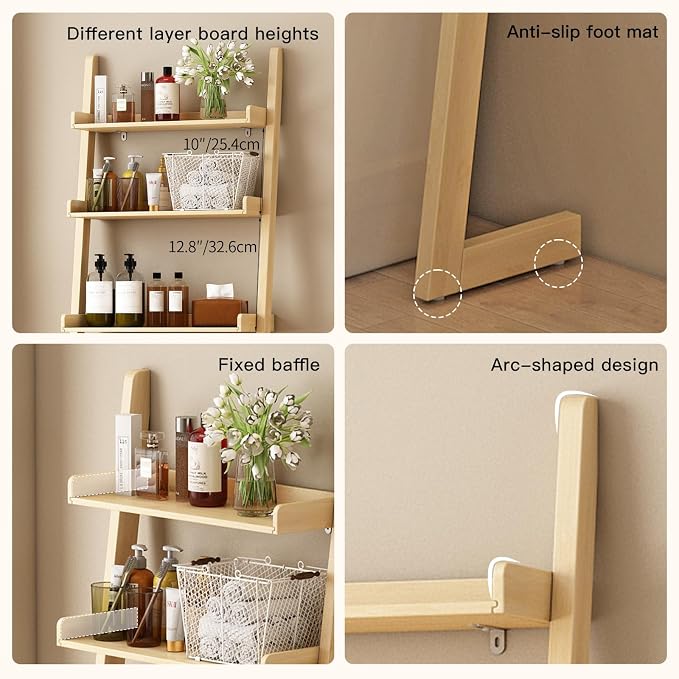 Solid Bamboo Toilet Shelf,3 Tier Bathroom Shelf with Anti-Slip Base | Solid bamboo over the toilet storage – naturally moisture-resistant for bathrooms, built for long-lasting durability