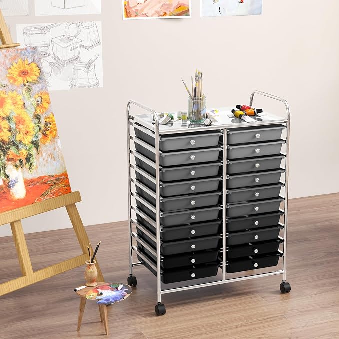 LDAILY 20-Drawer Rolling Storage Cart, Rolling Storage Cart, Storage Organizer on Wheels, Metal Frame, Scrapbook Paper Tools, Suitable for Office School, Classroom (Gradient Grey, 20 Drawer)