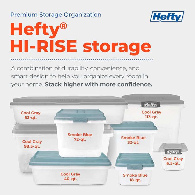 Hefty 6 Pack 32 Quart Lift Off Stackable Plastic Storage Bin and Lid, Smoke Blue