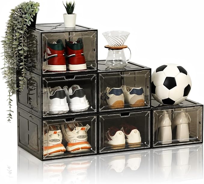 Translucent Black Shoe Storage Boxes, 2026 2nd Gen Thickened Hard Plastic Stackable Organizer with Magnetic Door, Folding Shoe Racks for Closet, Premium Sneaker Display Cases, 6 Pack