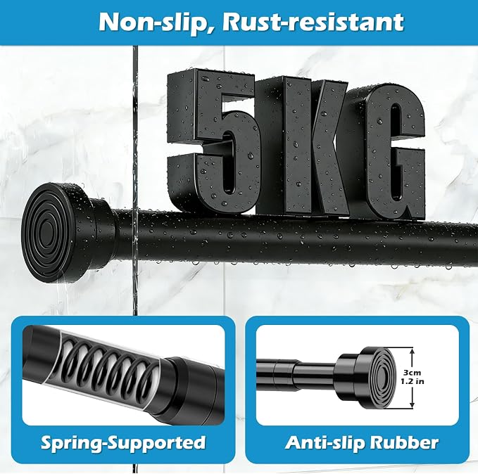 Tension Curtain Rod Adjustable 33 to 56 inch Small Spring Tension Curtain Rod No Drilling, Closet Rod for Windows, Door, Wardrobe, Black
