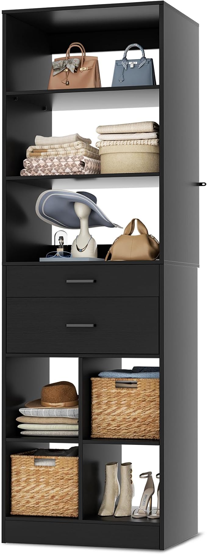 Besiost 22" Closet System with Drawers, 1.85 FT Small Closet Organizer for Walk in Closet, Bedroom & Nursery, Wardrobe Storage Unit with Storage and Shelves, Enclosed Storage Volume 2.58 ft³, Black