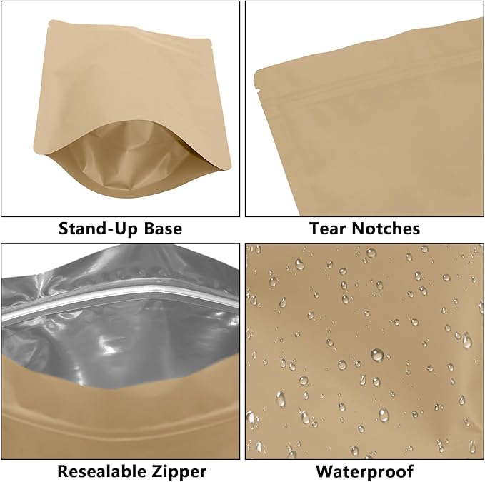 100PCS Smell Proof Resealable Pouch Bags,ULIFESTAR Aluminum Foil Flat Food Storage Bag,Sealable Pcsaging Zipper Pouches with Tear Notches for Pcsaging Lipgloss,Jewelry,etc(16 * 24cm/6.3 * 9.45",Gold)