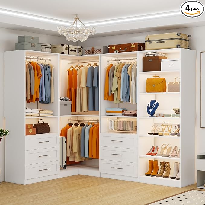 Closet Organizer System with 6 Wooden Drawers, 54.4"-259.4" Walk-In Closet System, 8 Shelves, 8 Hanging Rods, Heavy Duty Modular L-Shape Corner Closet System for Walk-In Closet, White, 4 Sets