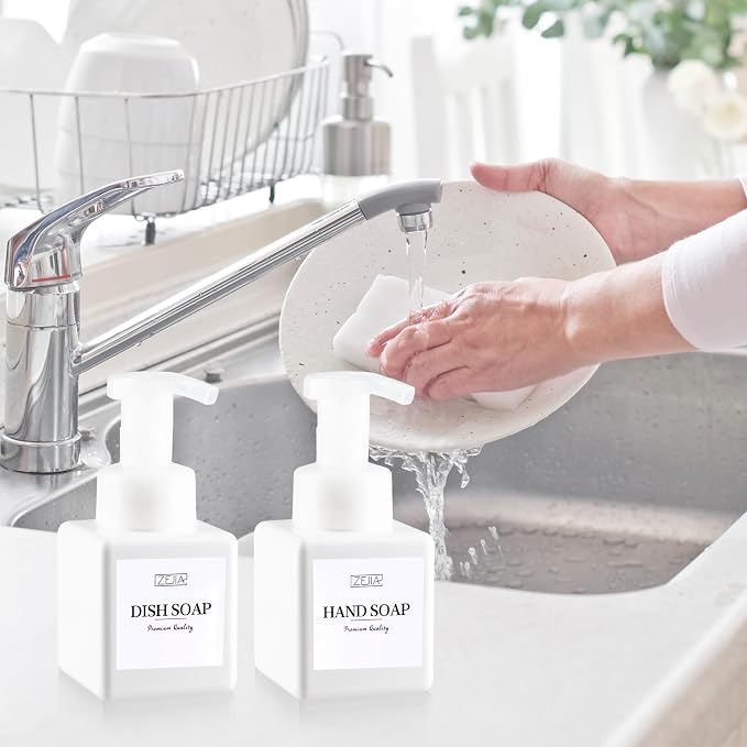 250ML Foaming Soap Dispenser, 2-Pack Plastic Hand Soap Dispenser, Refillable Leakproof Foam Pump Bottle with Waterproof Labels, for Shampoo, Body Wash
