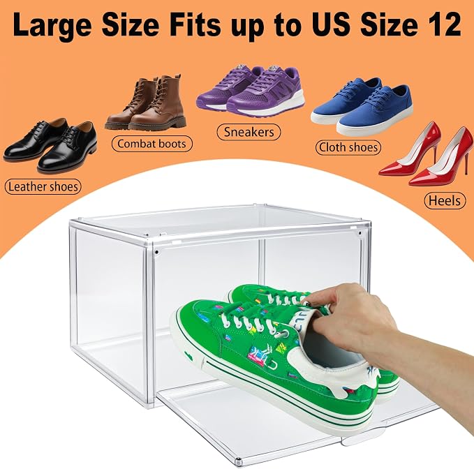 Clear Acrylic Shoe Boxes Stackable, Magnetic Clear Shoe Storage Boxes Fits Men’s US Size 12.5, Acrylic Sneaker Display Organizer, Drop Side Shoe Containers for Entryway & Sneaker, 1 Pack