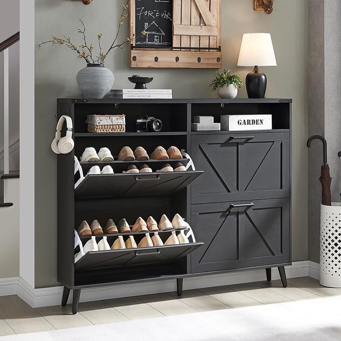 Shoe Storage Cabinet, Farmhouse Shoe Organizer with 4 Flip Drawers & Barn Door,Freestanding Hidden Slim Narrow Shoe Rack with Open Shelves for Entryway, Foyer, Hallway, Black