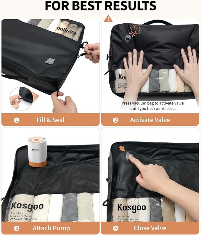 Vacuum Bags for Travel with Pump, Vacuum Compression Packing Bags for Travel Pack Vacuum Kit for Luggage Suitcase Carry On, IP67 Waterproof Odor & Tear-Proof Nylon (2 Pack with Pump, Black)