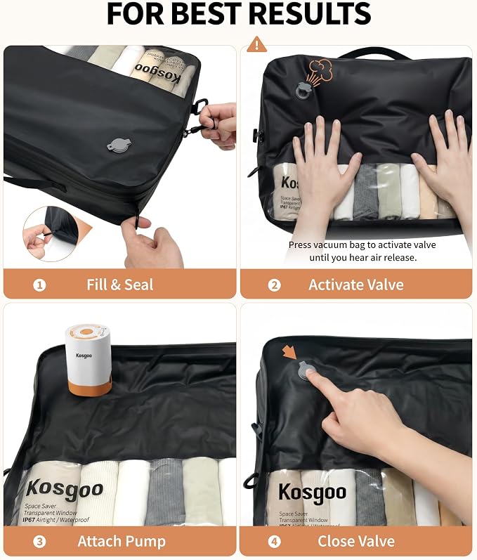 Vacuum Seal Bags for Travel 180° Open Compression Packing Cubes for Carry-on Luggage, IP67 Waterproof Space Saver Storage Bag (1 Pack No Pump, Black)