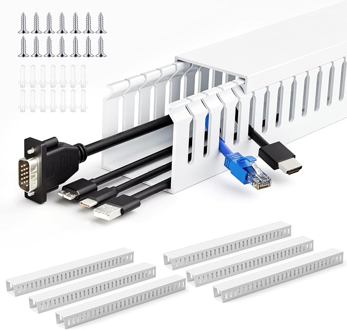 2" H x 2" W Cable Raceway, 99in Under Desk Wire Management Channel, White | Slotted Wire Duct, 6Pack, 16.5in Each, Heavy-Duty PVC Cable Management for Server Racks, Network Cables & Electrical Cabinets