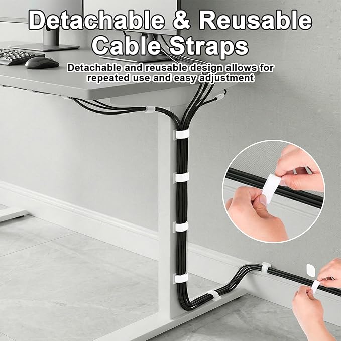 Cable Management Under Desk,Detachable Cable Management,Adjustable Hook and Loop Cable Ties,Reusable Cable Management Under Desk,Cable Clips Under Desk,20Pack(White)