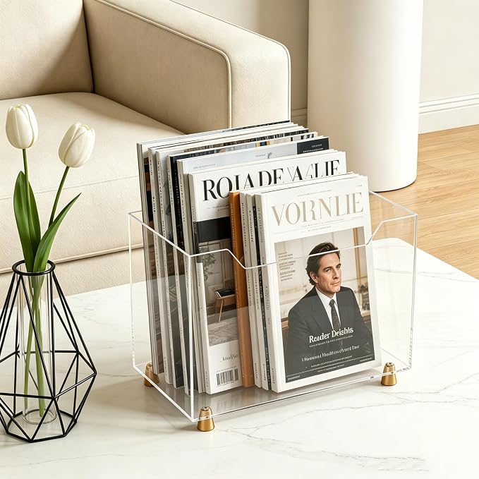 Acrylic Magazine Holder, Crystal Clear Magazine Rack Floor for Home Office | Newspapers Files Books Organizer with Metal Feet for Bathroom, Living Room, Bedroom